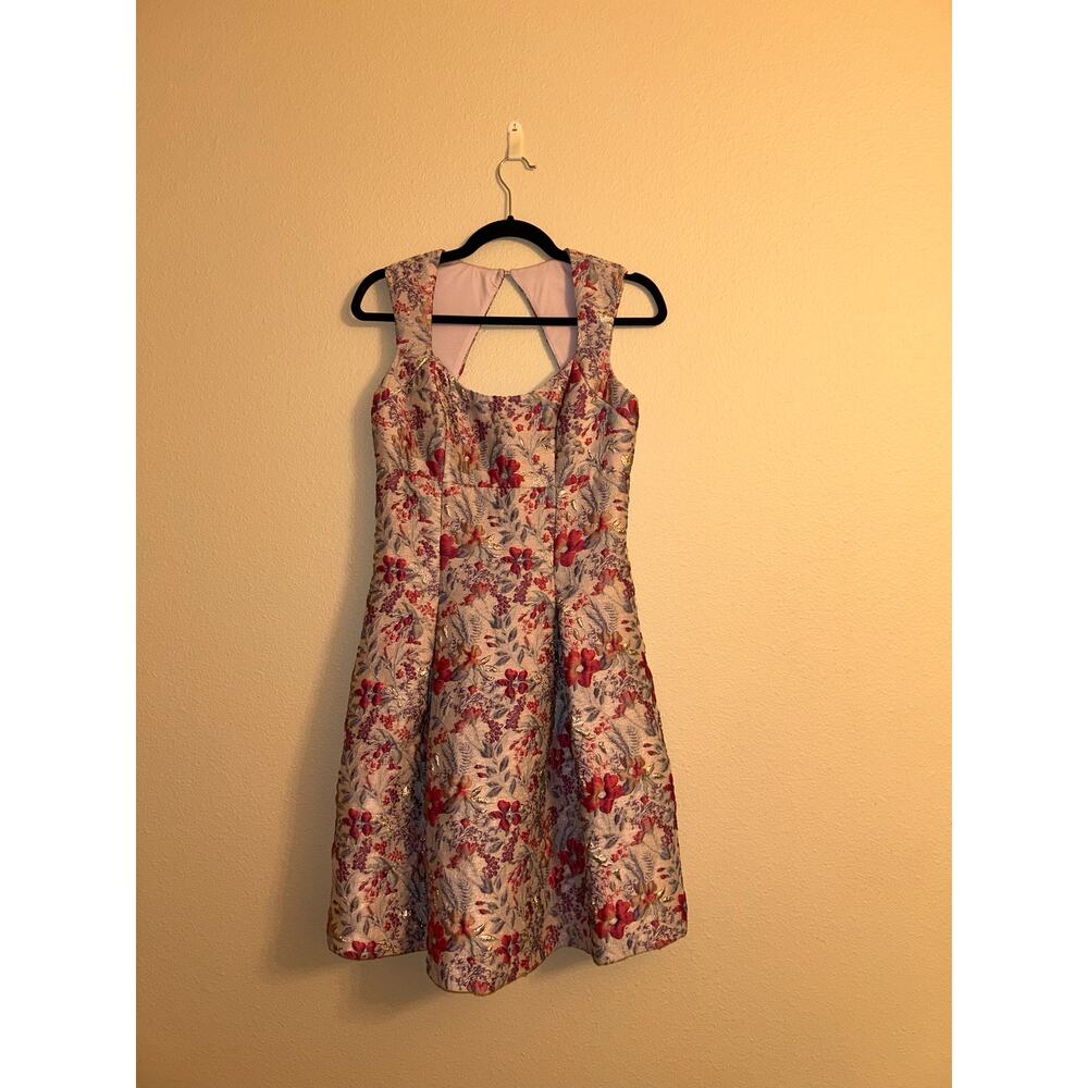 Aidan Mattox Floral Jacquard Dress 2 Pink Lilac Metallic Fit Flare Pockets Prom - Picture 4 of 13
